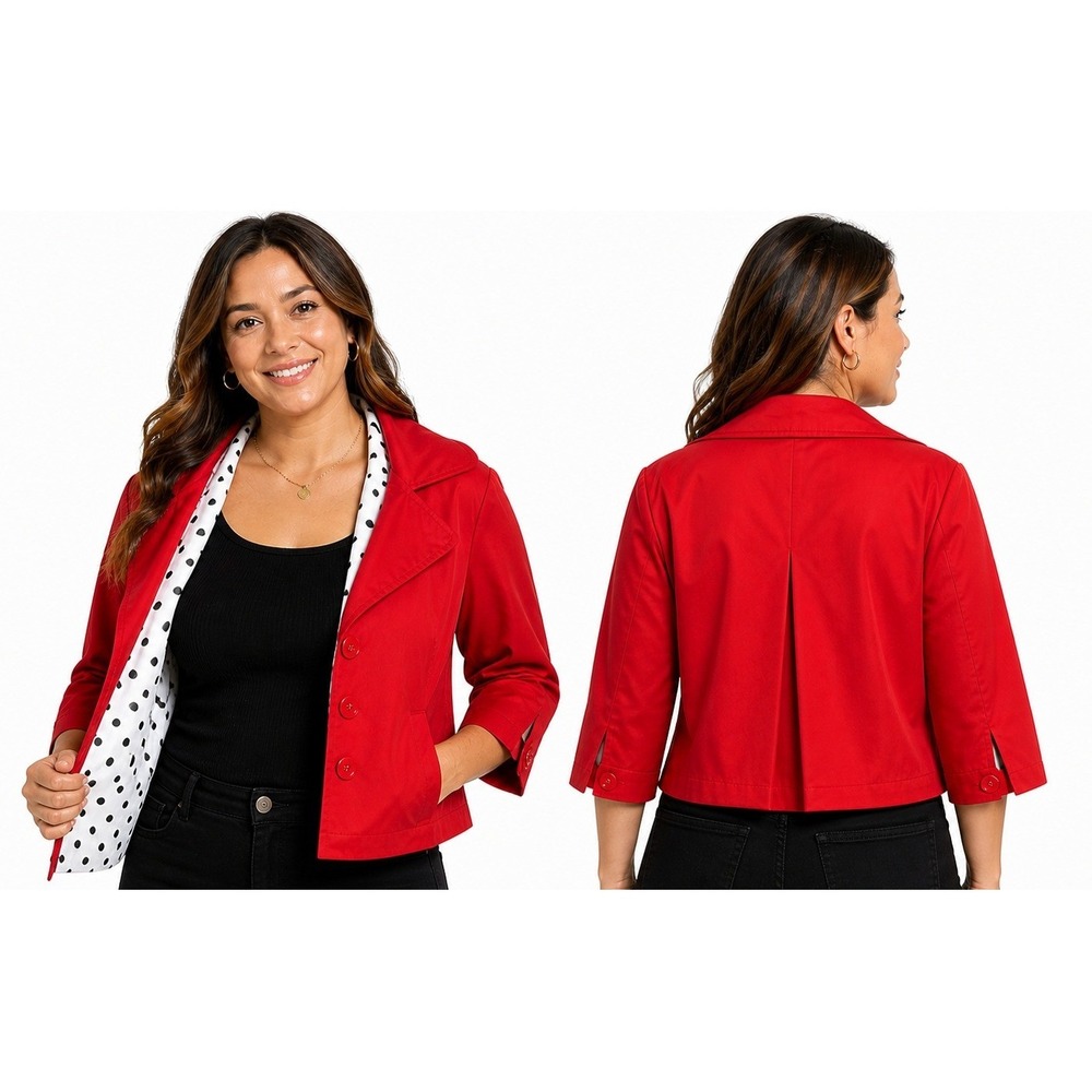 Notations Cropped Jacket Women XL Red Polka Dot Lining Stretch Button Front New
